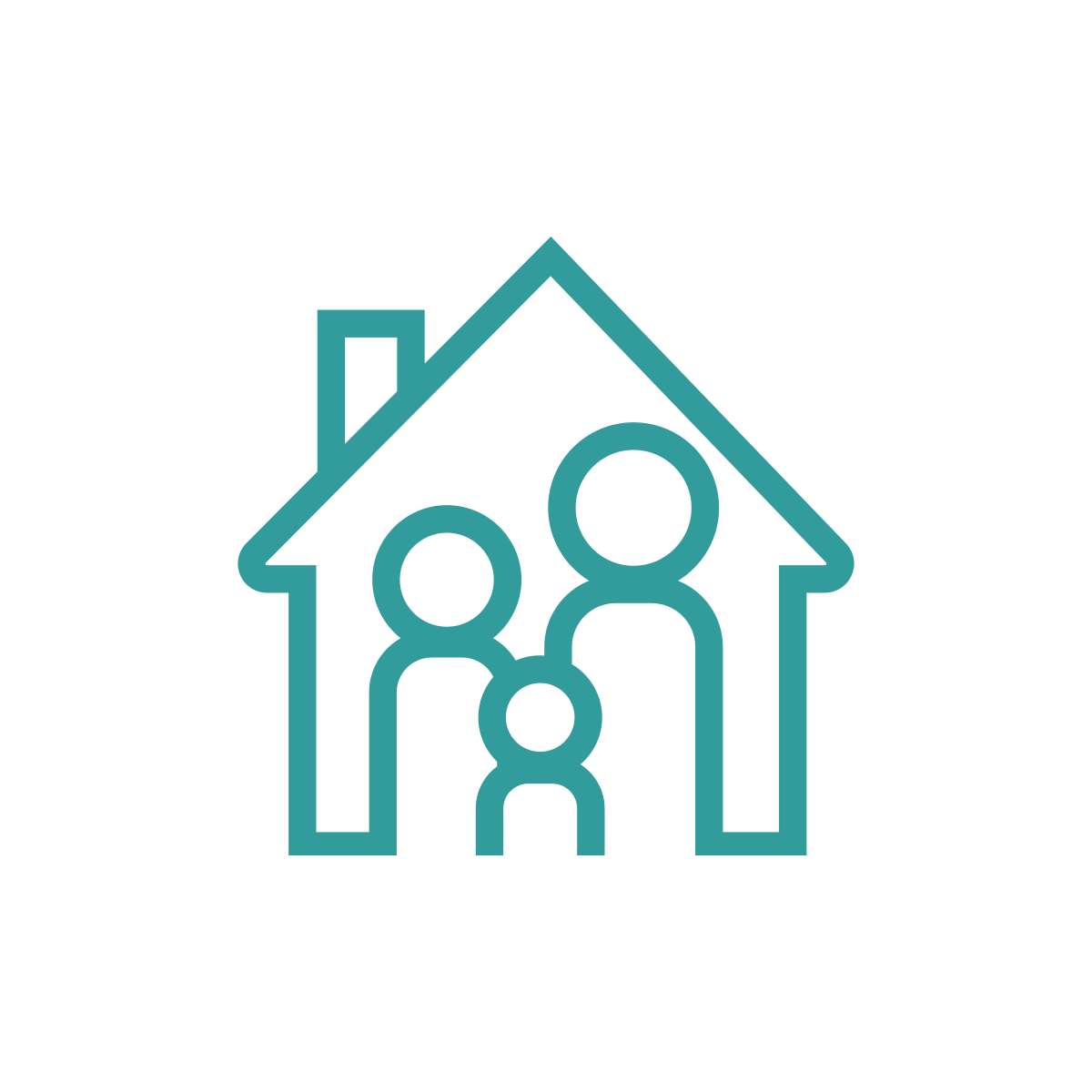 Outline of a house with three simplified human figures inside.