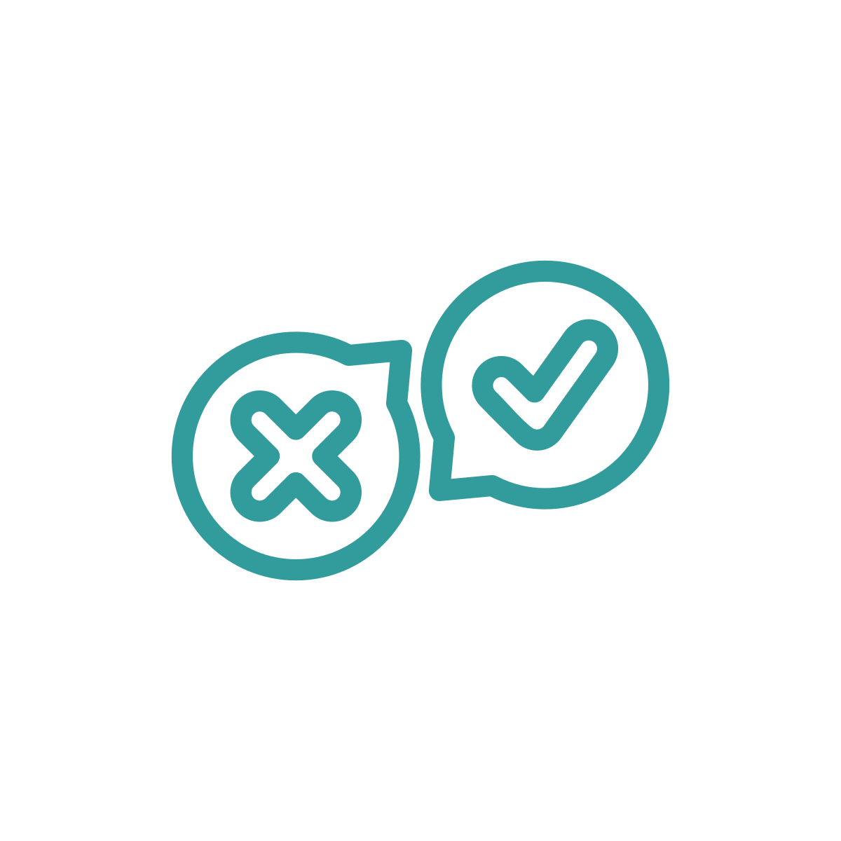 Icons representing incorrect and correct choices, with a cross and a checkmark inside speech bubbles.