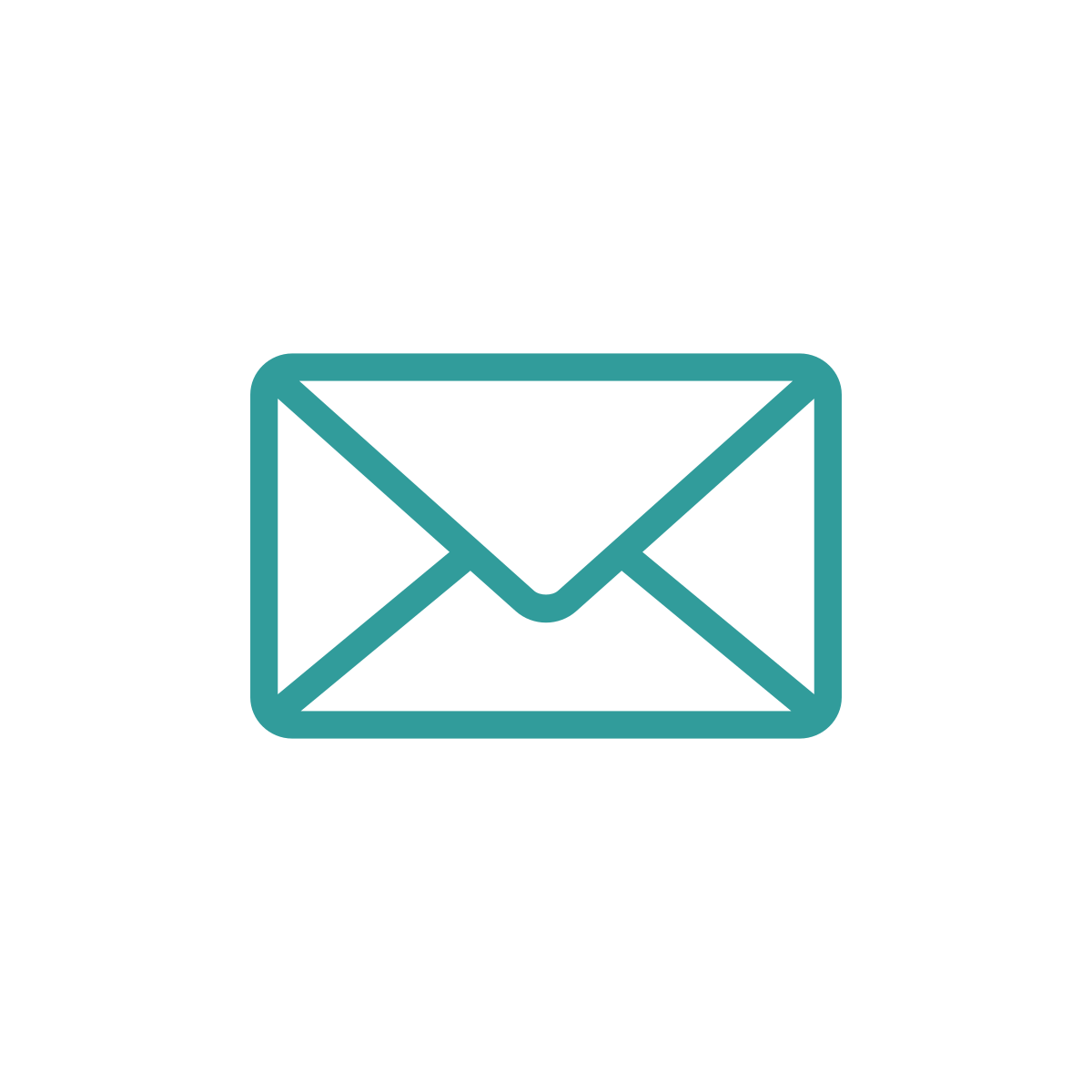 Outline icon of a closed envelope or mail in teal on a white background.