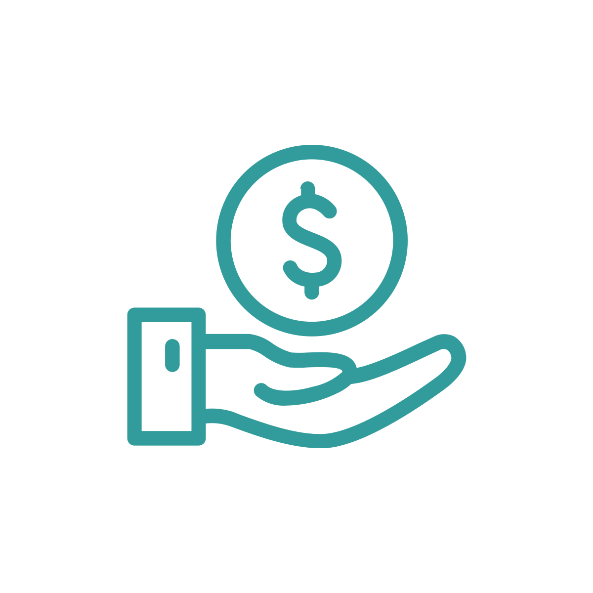Outline of a hand holding a coin with a dollar sign.