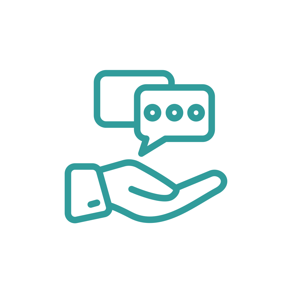 Icon of a hand holding a smartphone with chat bubbles above it.