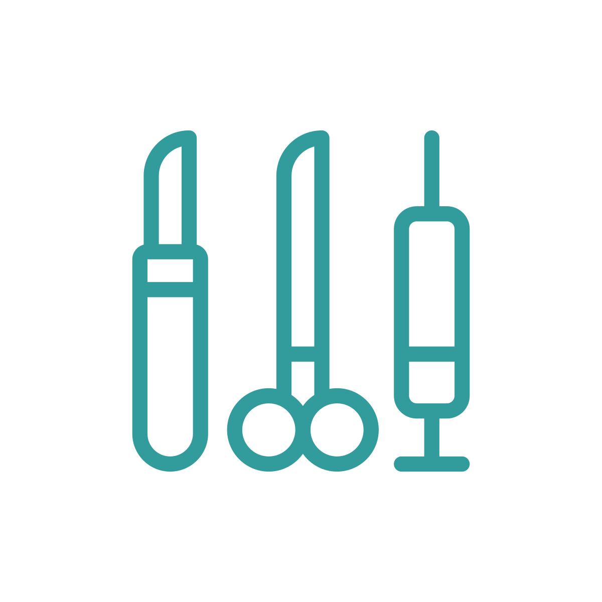 Line drawing of medical tools including a lancet, scissors, a test tube, and a syringe.