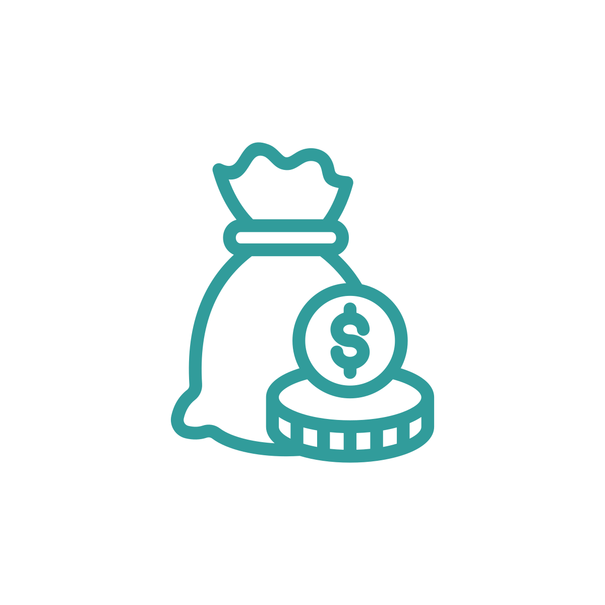Line drawing of a money bag with a dollar sign coin and stacked coins.