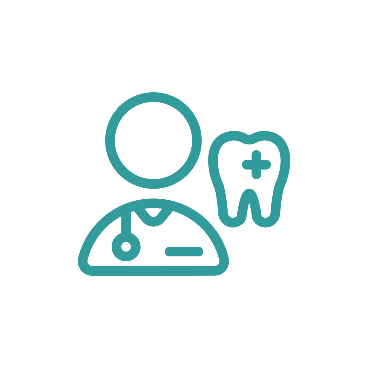 Icon of a healthcare professional with a stethoscope and a tooth with a medical cross, representing dental health or dentistry.