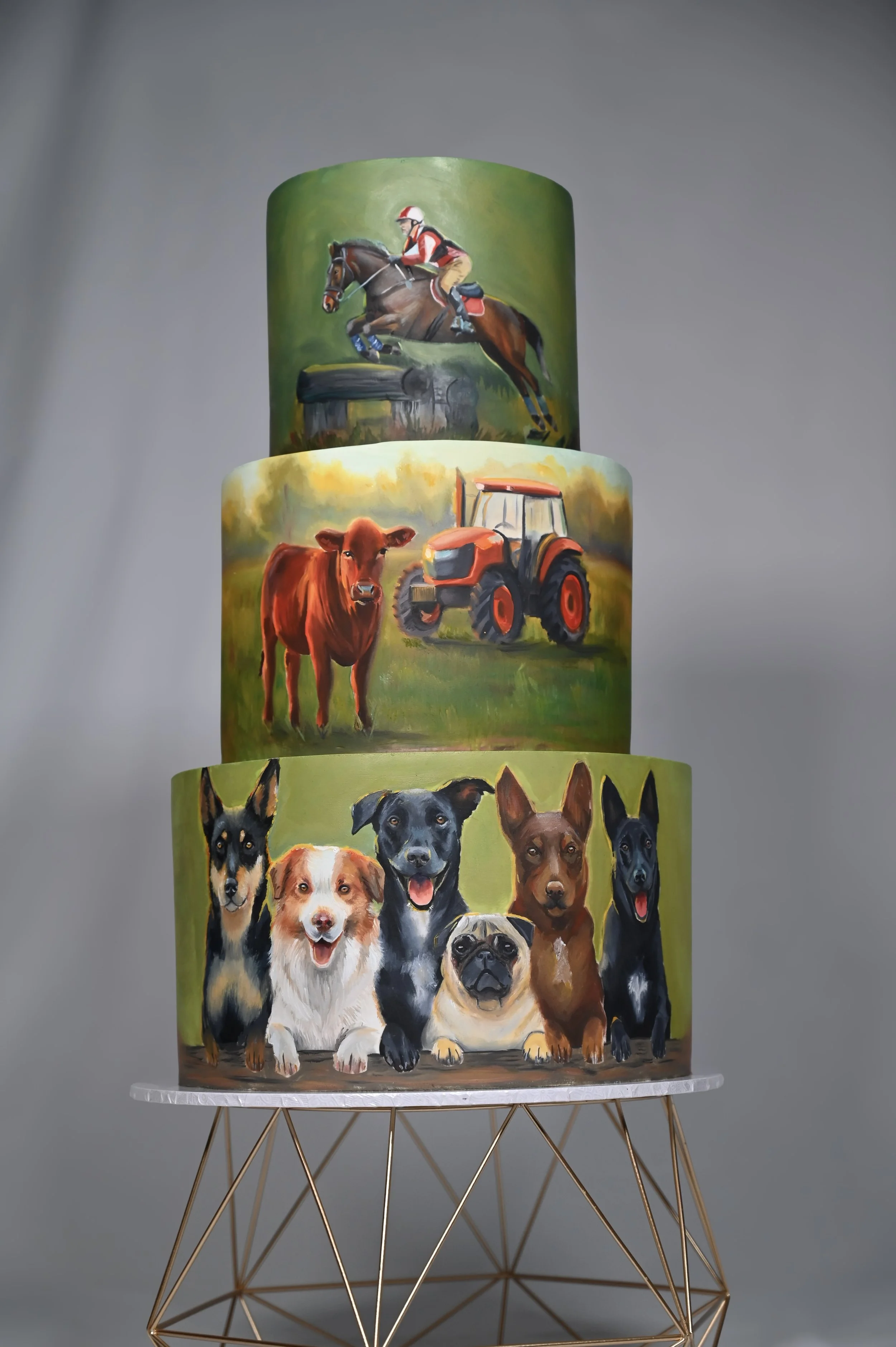 A three-tiered cake with painted images of a horse and rider jumping over a fence on the top tier, a red tractor on the middle tier, and a group of five dogs on the bottom tier, placed on a geometric metal stand.