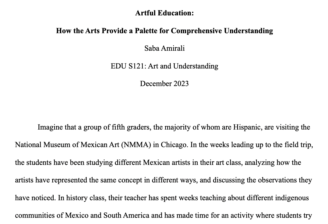 In this paper, I argue that the arts should be fully integrated across the curriculum, showing through classroom examples how art builds understanding of art itself, of the world, of other subjects, and of others' and our own emotions. Click to view 
