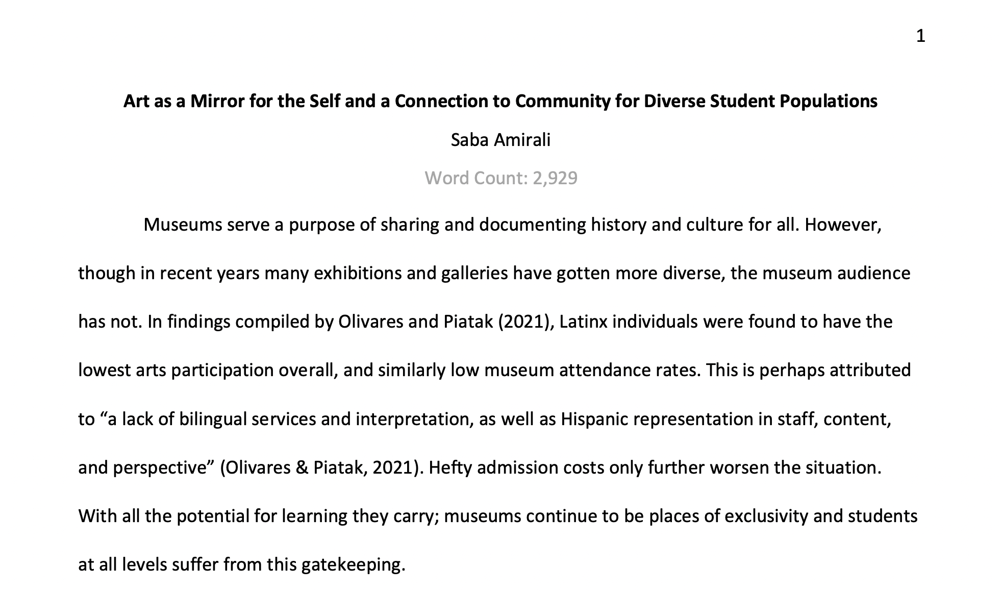 In this design proposal, I plan a museum field trip to the National Museum of Mexican Art for diverse sixth graders, using culturally sustaining pedagogy to help students see themselves reflected in art while building comfort and belonging in museum 
