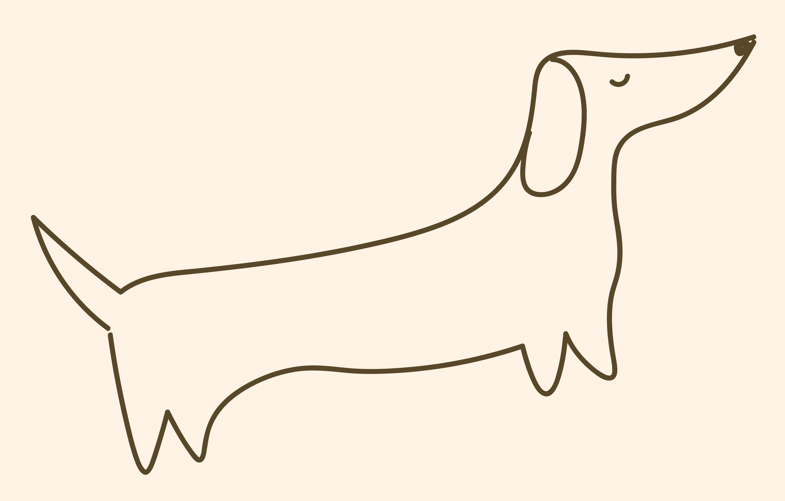 Ein einfaches, stilisiertes Linienbild eines Dackels auf hellem beige Hintergrund.