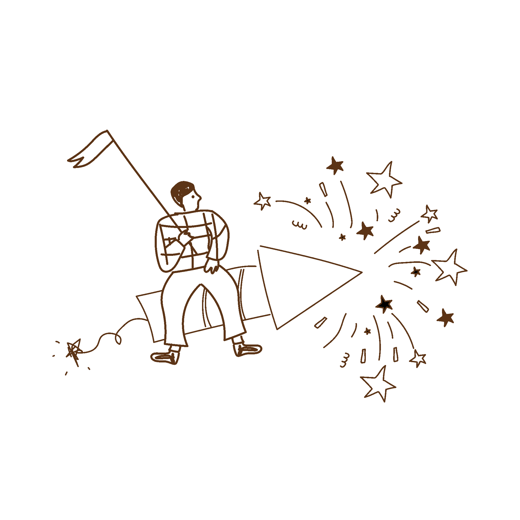 Eine Skizze eines Menschen, der auf einem Sitz sitzt, eine Flagge hält und einen Feuerwerkskörper gezündet hat, der explodierende Sterne und Funken ausstößt.