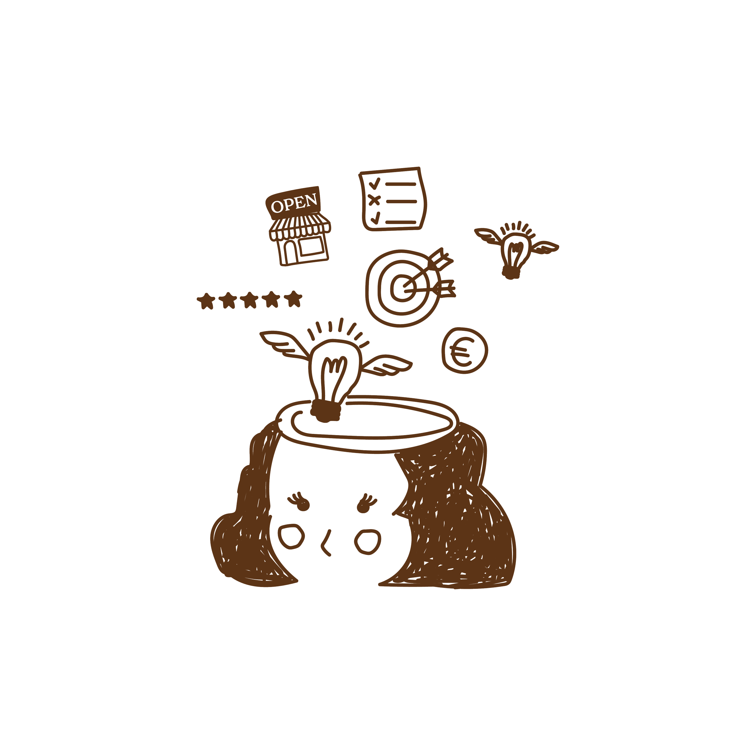 Illustration eines Kopfes mit einem offenen Deckel oben, aus dem Symbole wie eine Lampe, Zielscheibe, Einkaufswagenschlüssel, Sternbewertungen, Geschäftsschild und Zeichen für Euro herausströmen.