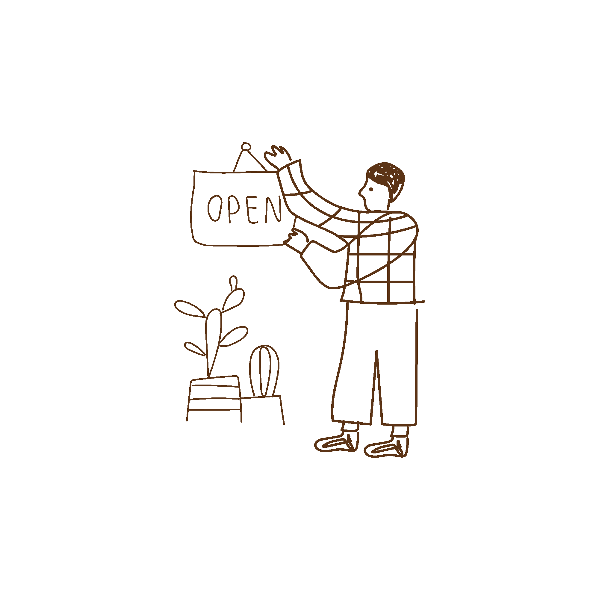 Ein Mann hängt ein Schild mit der Aufschrift »OPEN« an die Eingangstür eines Ladens. Im Vordergrund stehen zwei Pflanzen, eine in einem Topf und eine auf einem Stuhl.