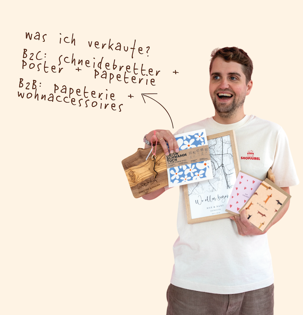 Ein lachender Mann hält verschiedene dekorative Holz- und Papierartikel, während er auf Englisch eine Liste mit Produkten zum Verkauf aufschreibt.