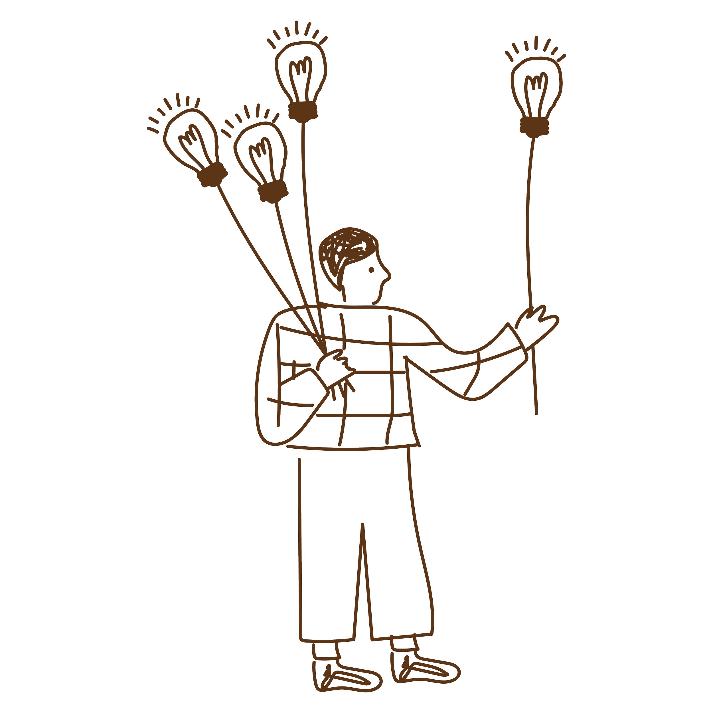 Linienzeichnung eines Mannes, der vier Glühbirnen an Schnüren hält, die wie Ballons aussehen.