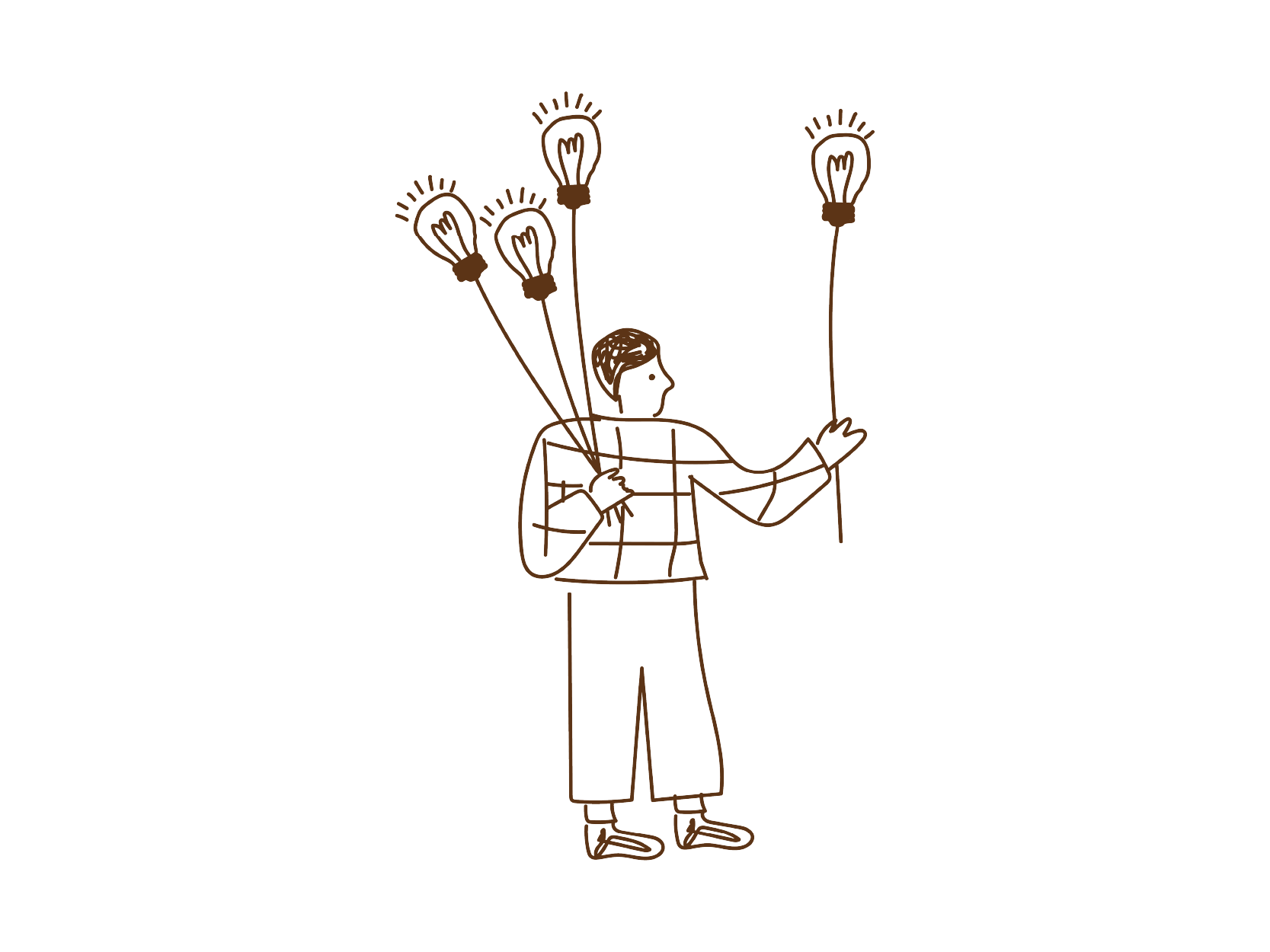 Eine stilisierte Illustration eines Kindes, das mehrere Glühbirnen an Schnüren hält, symbolisiert Ideen oder Kreativität.