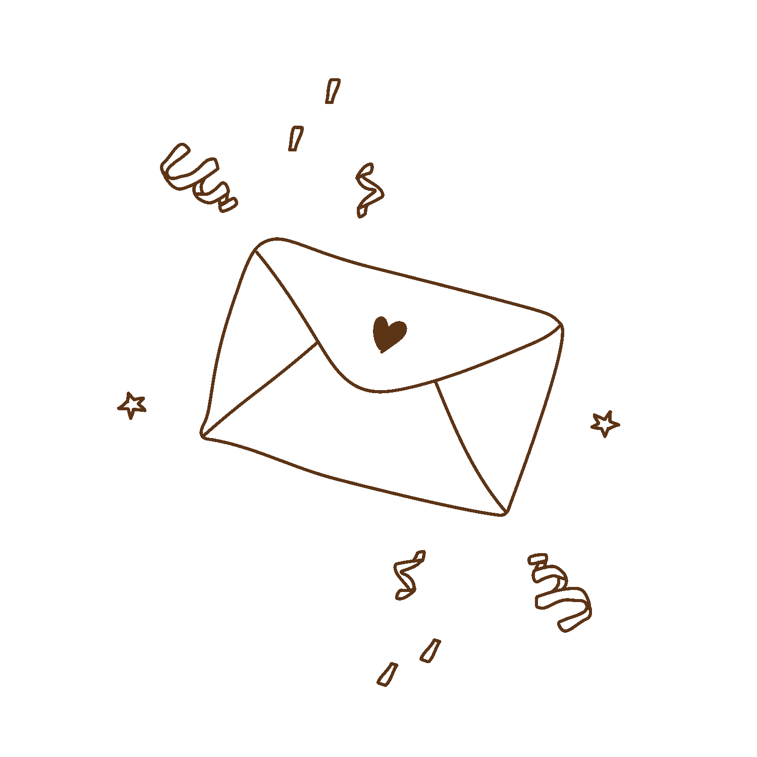 Eine einfache, handgezeichnete Illustration einer Briefumschlag mit Herz auf der Klappe, umgeben von Sternen, Streifen und Konfetti. Das Bild ist in brauner Linienzeichnung auf schwarzem Hintergrund gehalten.