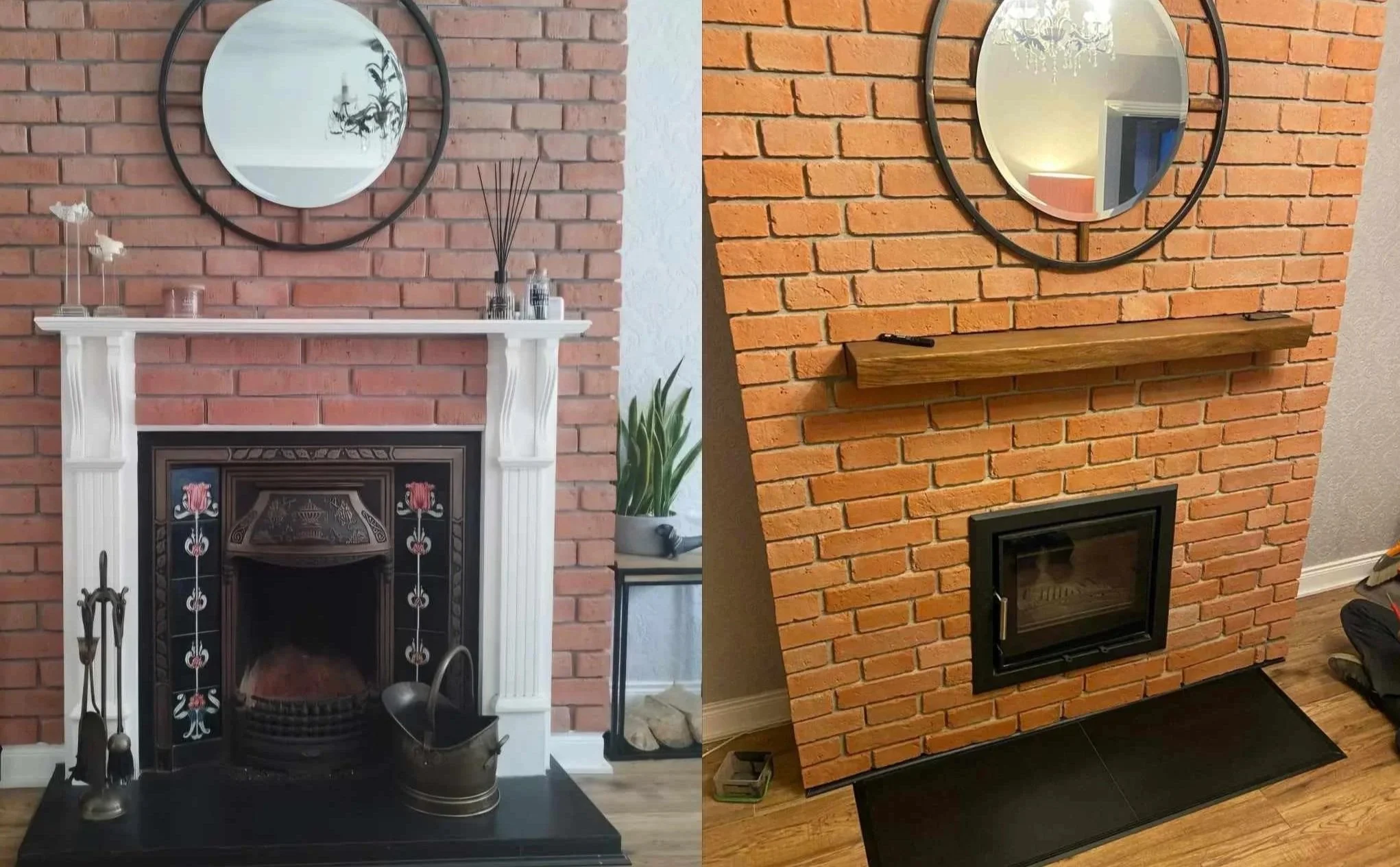 Comparison of two fireplaces built in brick with different mantels and decorations.