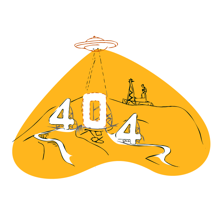 Illustration of a UFO beaming down on a landscape with the number 404 in the spotlight.