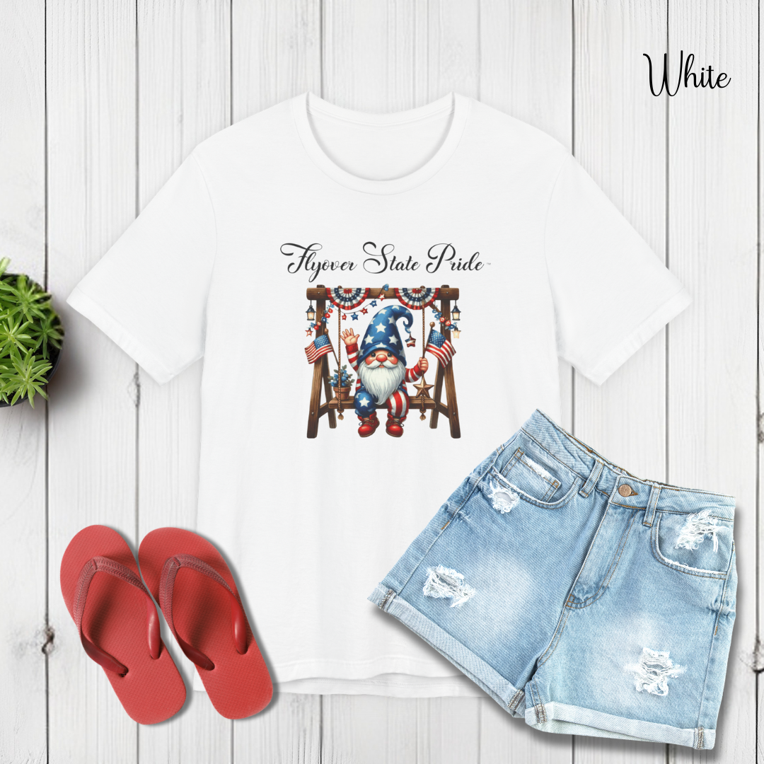 Flyover State Pride - Patriotic Gnome on a Swing Unisex T-shirt