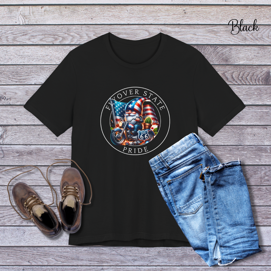 Flyover State Pride - Patriotic Motorcycle Gnome Unisex T-shirt