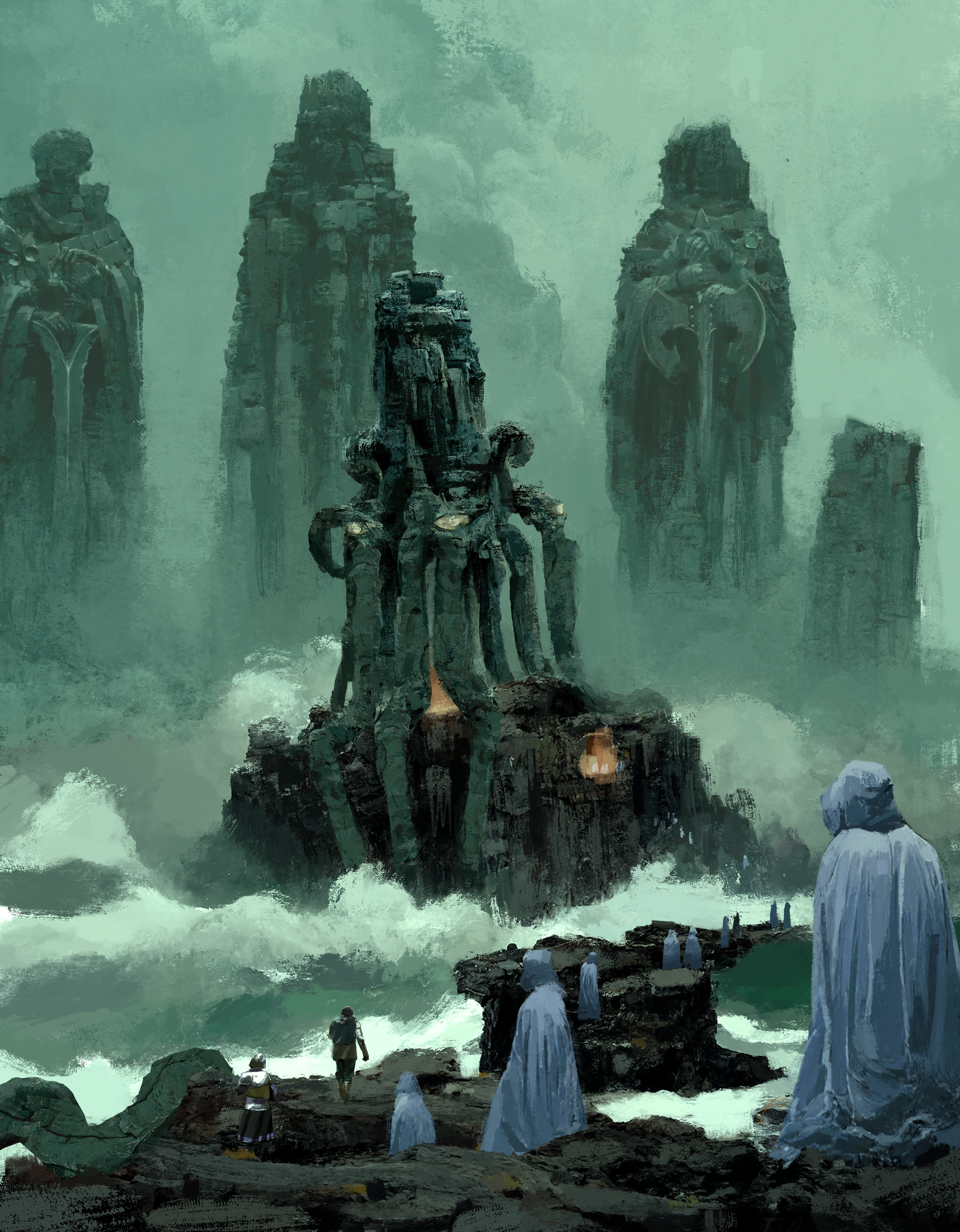 Figures clad in long pale blue cloaks walk over stones in a breakwater, sea foam splashing upward. They are walking toward a towering temple of stone carved to look like a mythical creature. From the horror D&D podcast Dark Dice.