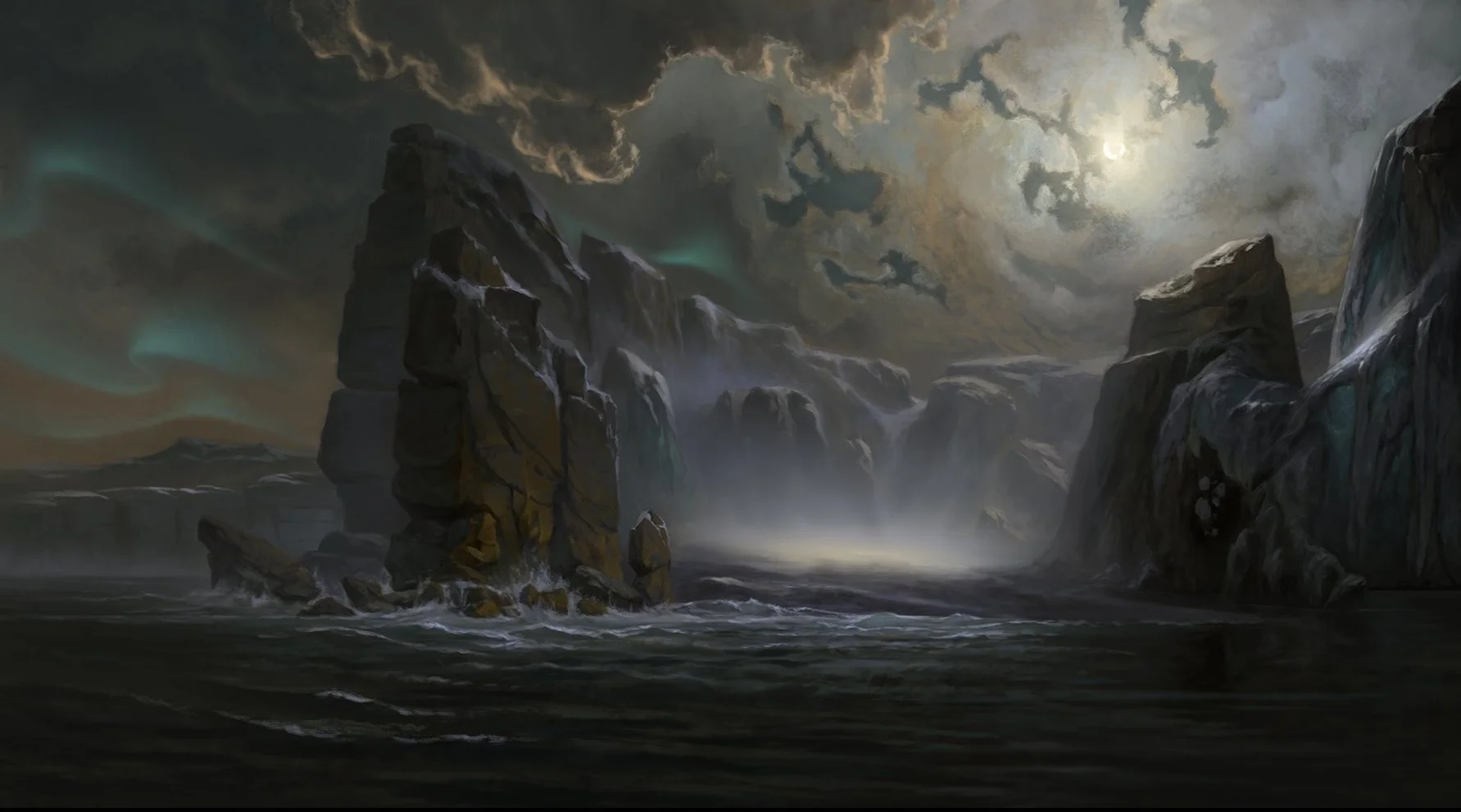 A landscape view of a tall cliff-rounded bay filled with mist and dark waters. Above a moon shines behind heavy clouds. An image from the horror D&D podcast Dark Dice.