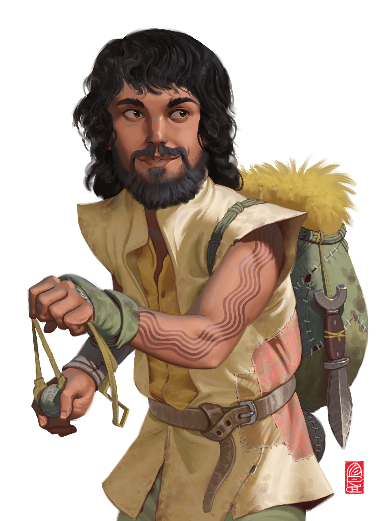 A halfling man with curly dark hair, a beard, and a linen tunic is preparing a stone in a sling shot. He is Nimble Troutspinetrout, a character in the horror D&D podcast Dark Dice, played by Danilo Battistini.