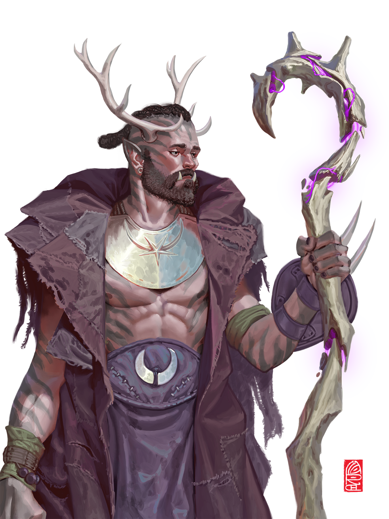 A half-orc man with antlers and a torn duster holds a gnarled branch glowing with purple magics. This is Agé Ogun, a character on the horror D&D podcast Dark Dice, played by Jasper William Cartwright.