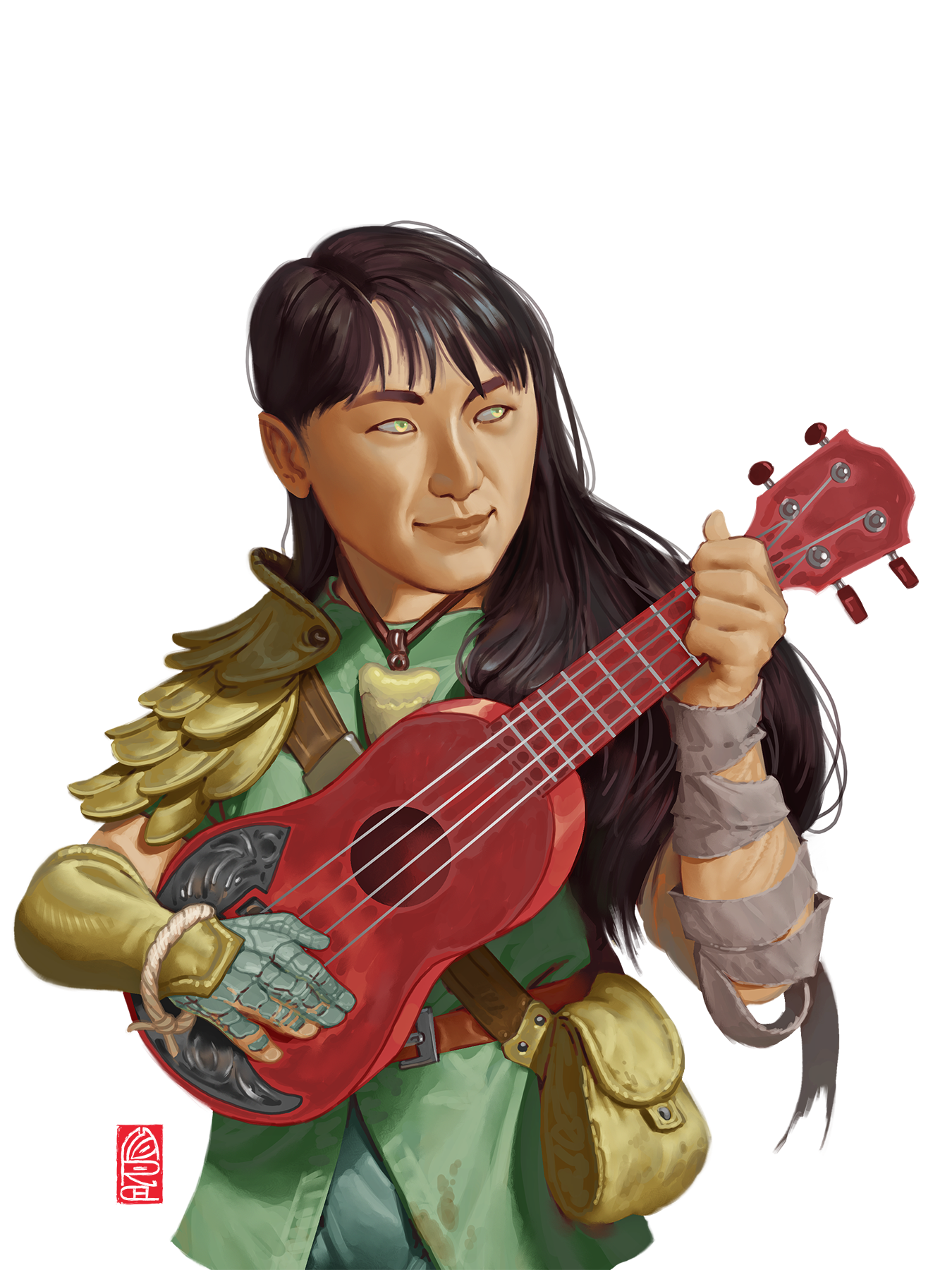 A halfling woman with long dark hair and a right hand covered in crocodile scales plays a red ukulele. She is Yuehai, a character in the horror D&D podcast Dark Dice played by Sam Yeow.