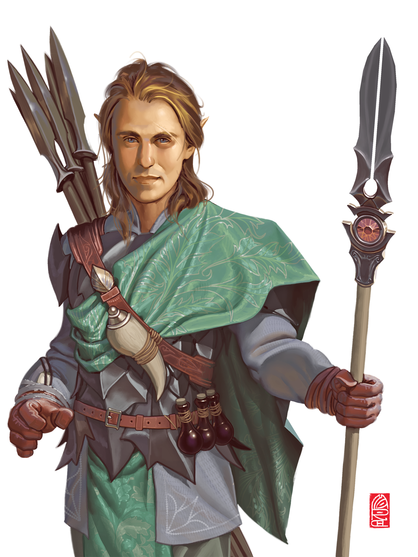 A blond elven man draped in fine green clothes holds a javelin. This is Vind Greyview, a character on the horror D&D podcast Dark Dice played by Eric Nelsen.