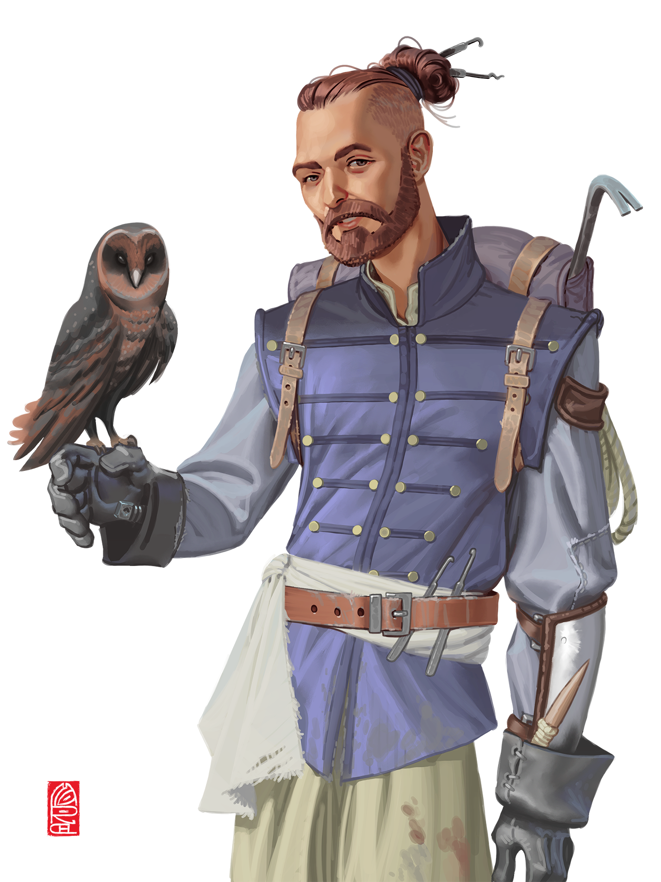 A human man in a dirty blue tonic carries a heavy pack. On one arm sits a dark owl. He is Jare Driftwood, a character on the horror D&D podcast Dark Dice, played by Florian Seidler.