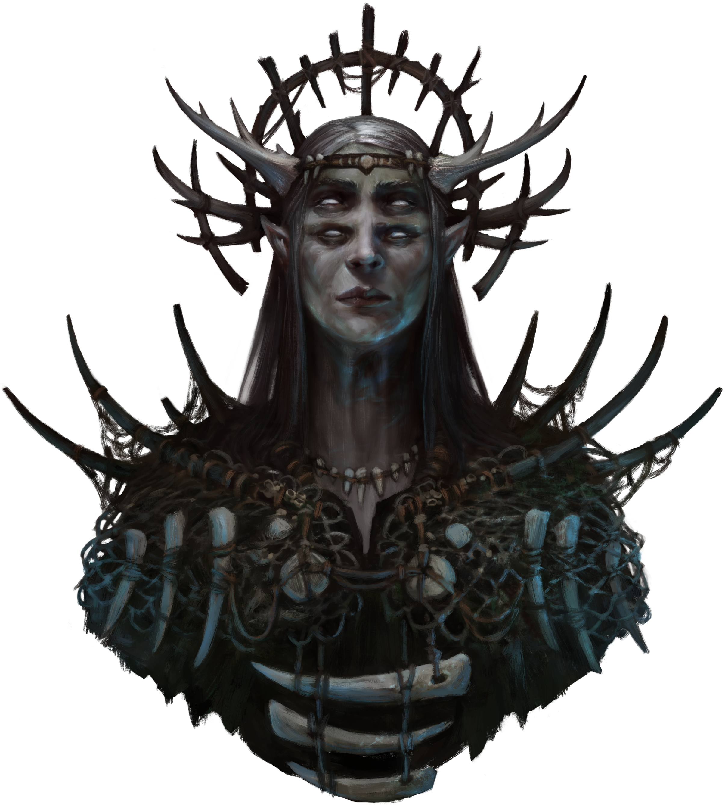 A grey skinned half-giant woman with four eyes wears a spiked crown of twigs and a cloak of a fishing net. She is frightening and strong, she is the Sunken Mother, an NPC on the horror D&D podcast Dark Dice.