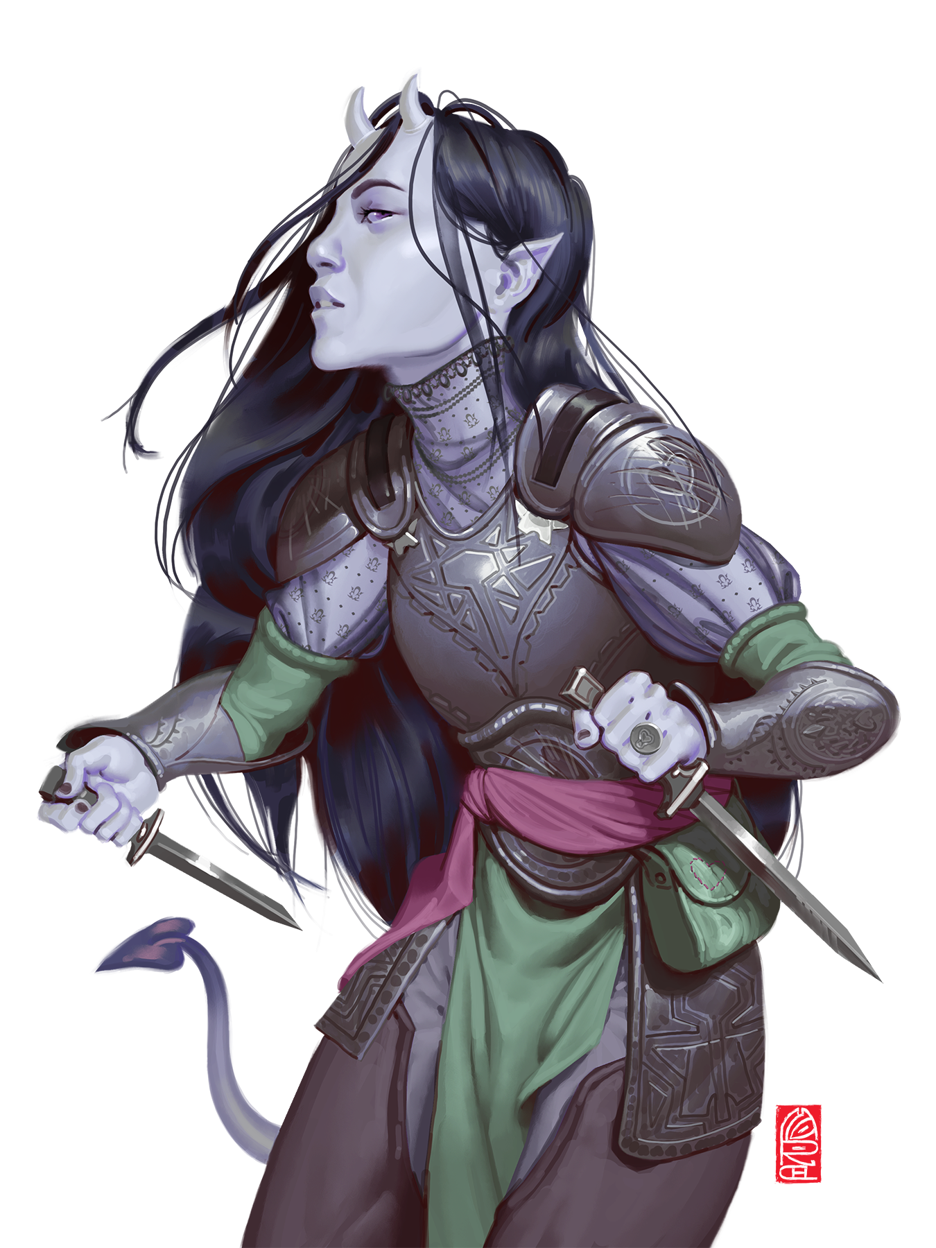 A purple skinned tiefling woman with small horns and long black hair holds daggers in both hands. This is Vivianna Bloodchamber, a character on the horror D&D podcast Dark Dice, played by LilyPichu.