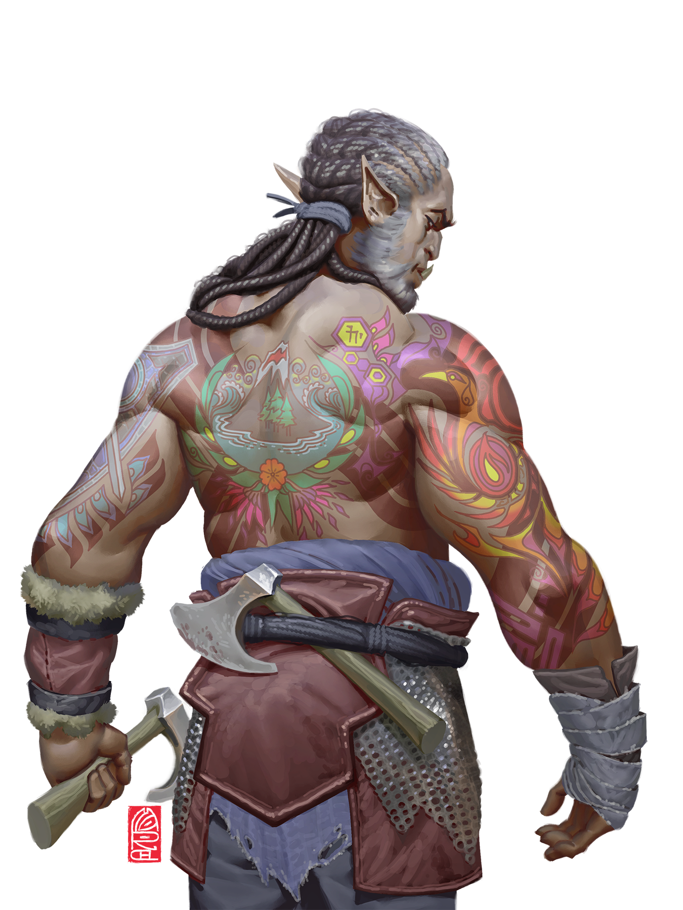 A half-orc man with dreads carries two hand axes. His back and arms are completely covered in colorful tattoos. He is Konvo, a character on the horror D&D podcast Dark Dice played by Enrique Perez.