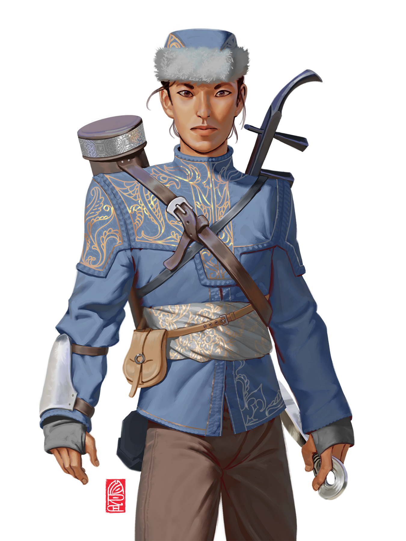 A woman in a tailored blue jacket with gold embroidery and matching hat. She holds a dagger and appears regal. She is Lán Qiu, a character on the horror D&D podcast Dark Dice played by Dr. Sophie Yang.
