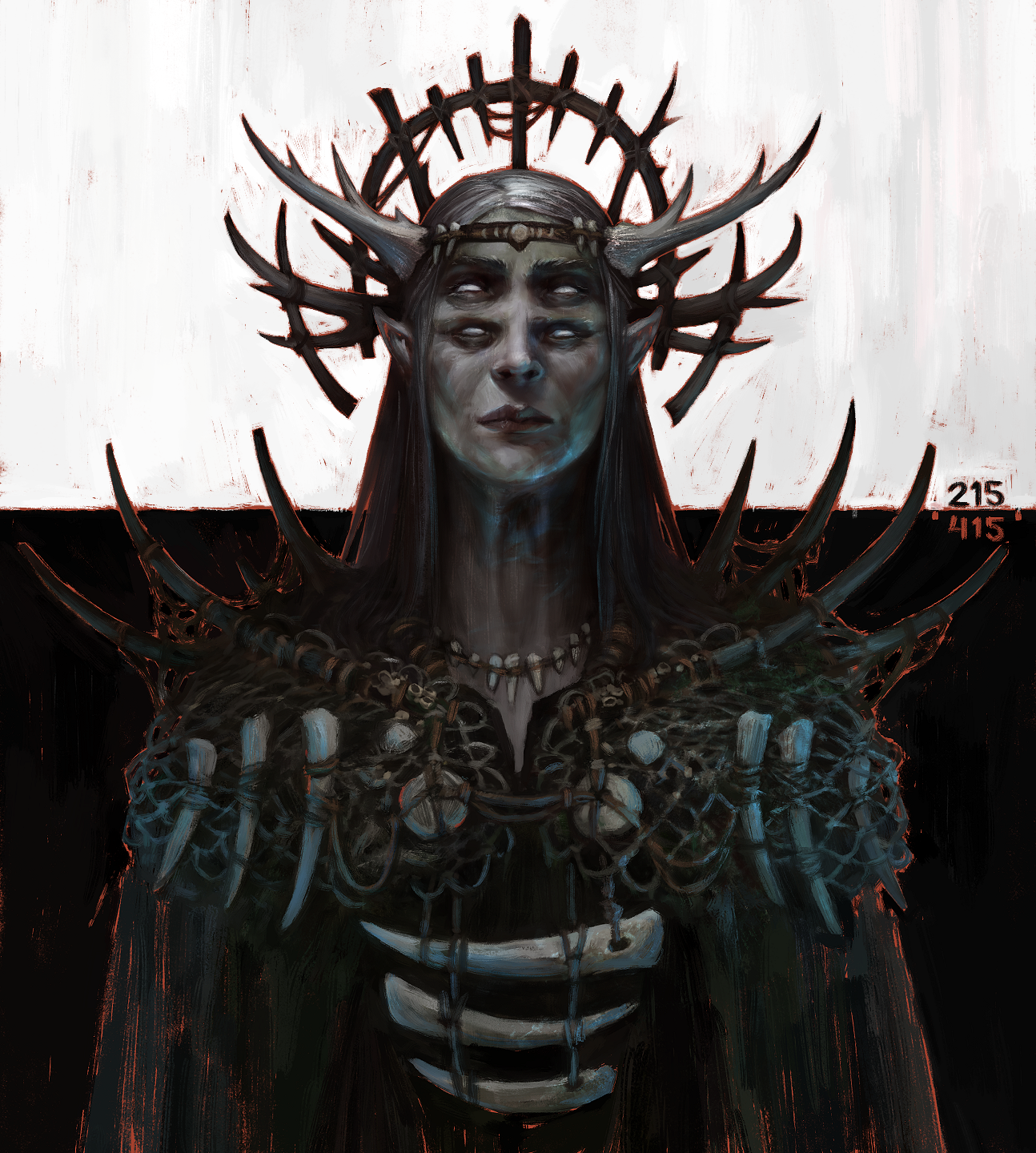 A grey skinned half-giant woman with four eyes wears a spiked crown of twigs and a cloak of a fishing net. She is frightening and strong, she is the Sunken Mother, an NPC on the horror D&D podcast Dark Dice.