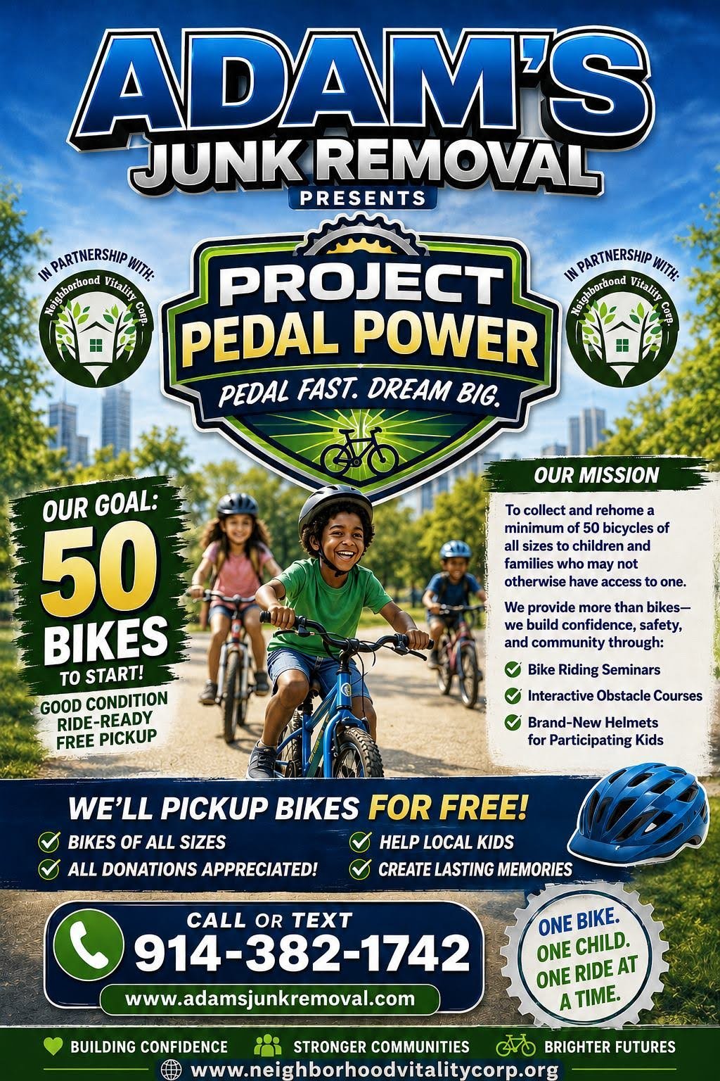 Project Pedal Power flyer by Adam's Junk Removal and Neighborhood Vitality. Free bike pickup to hit a 50-bike goal for kids. Call 914-382-1742.