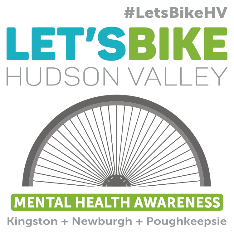 Alt text: “Let’s Bike Hudson Valley mental health awareness graphic featuring a bicycle wheel illustration and bold text promoting cycling events in Kingston, Newburgh, and Poughkeepsie with hashtag #LetsBikeHV.”