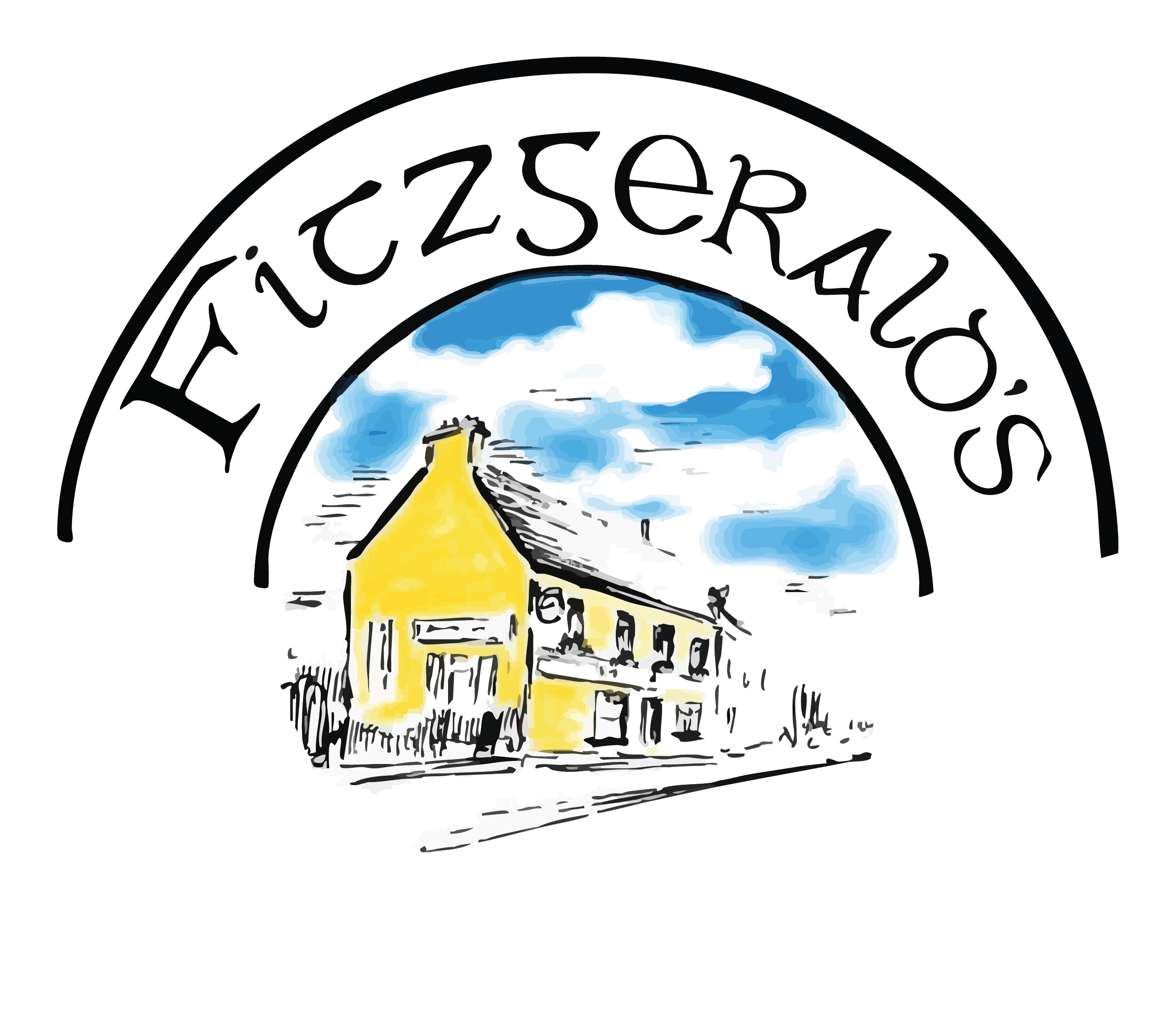 Logo with the text "Fitzgerald's" arching over a watercolor illustration of the yellow pub with a peaked roof and trees, under a blue sky with clouds.