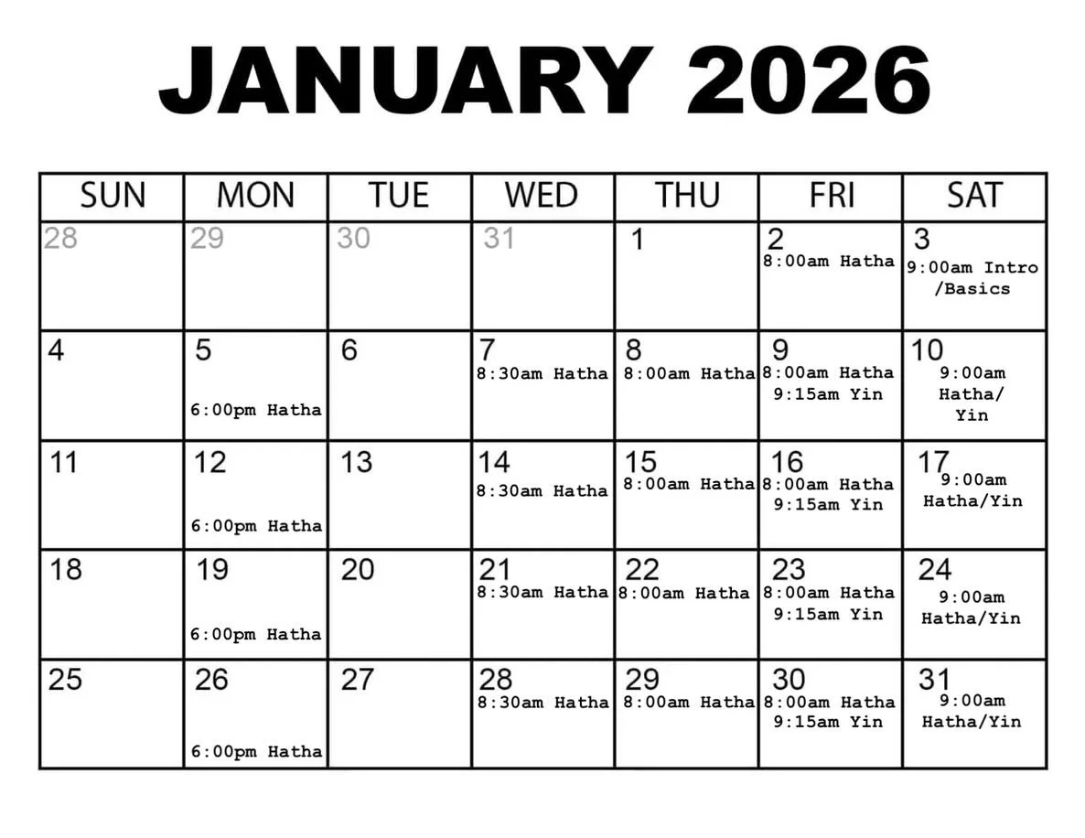 Check out our updated schedule for the new year, now including MONDAY NIGHTS, a new Hatha +Yin class each and every Saturday, and a new class on Wednesday mornings. Our new teacher, Eva James, who comes with 20+ years experience will be guiding parti