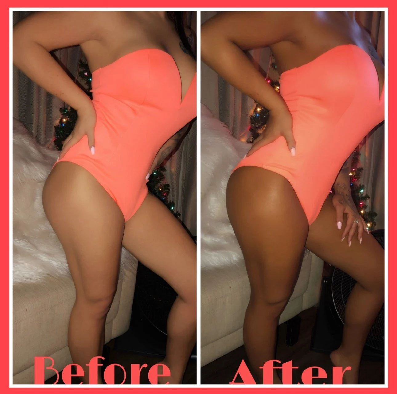 A side-by-side comparison of a woman in a peach-colored strapless dress, showing a transformation in her skin tone from 24 Seven Glow's Spray Tanning with a 'Before' on the left and 'After' on the right.