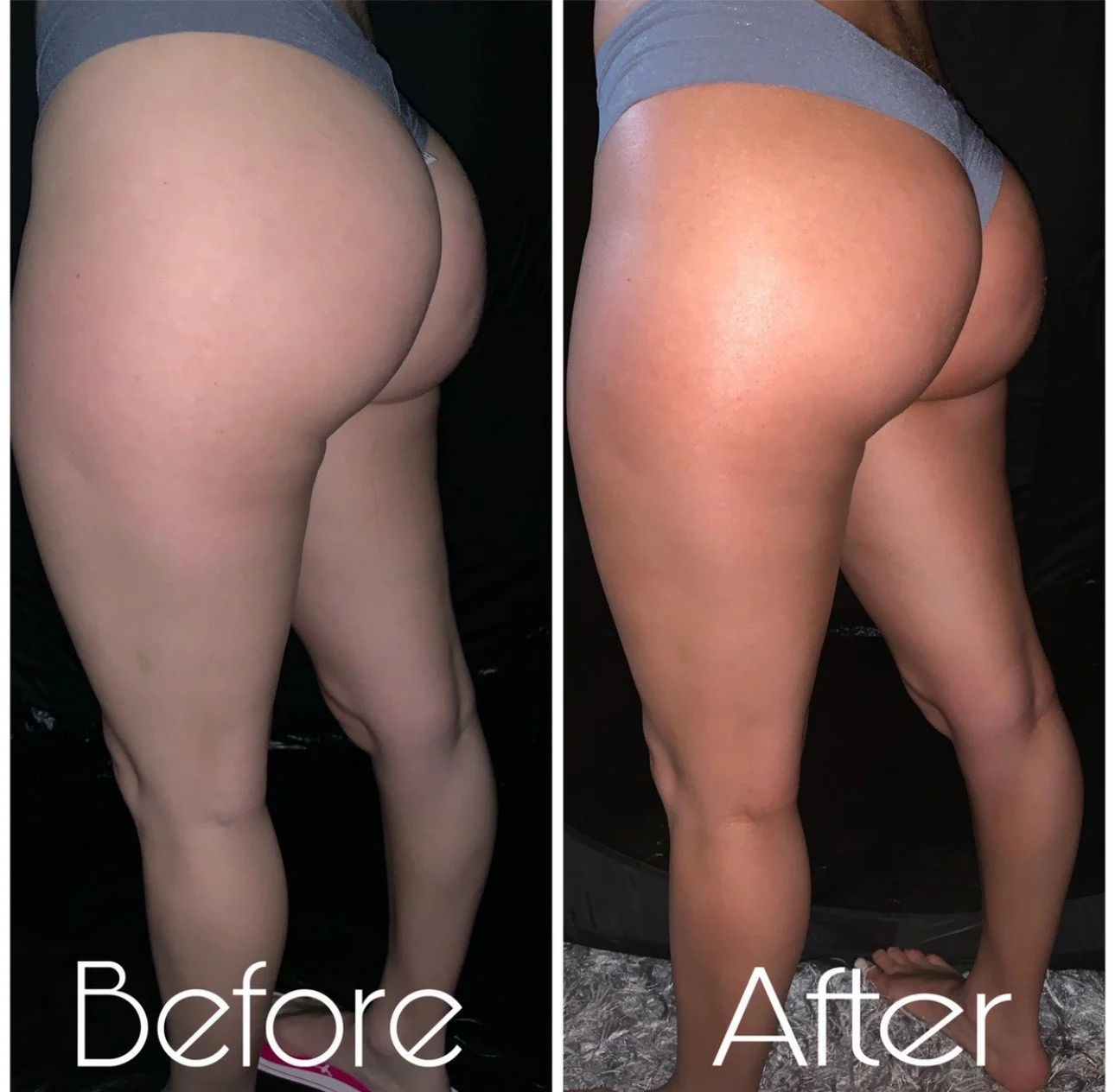 Comparison of a person's lower body before and after a 24 Seven Glow Spray Tan.