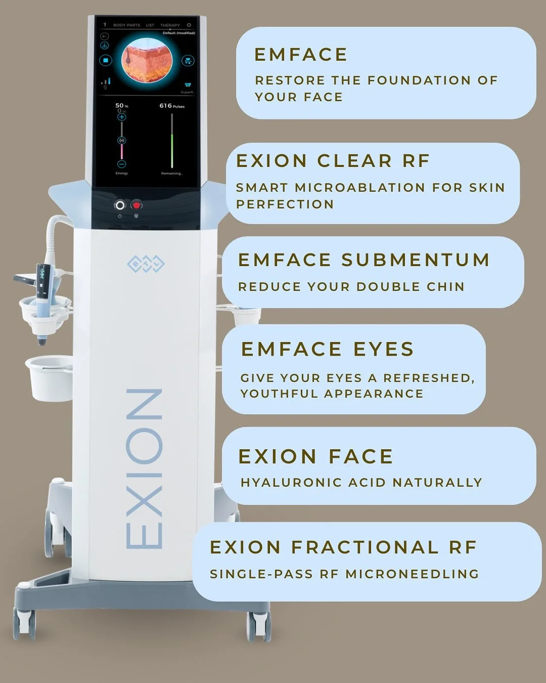 Meet the newest game-changer in the industry &mdash; the EXION + EMFACE system 

This machine combines multiple cutting-edge technologies to treat everything from skin texture and tone to lifting, firming, and rejuvenation &mdash; all without surgery