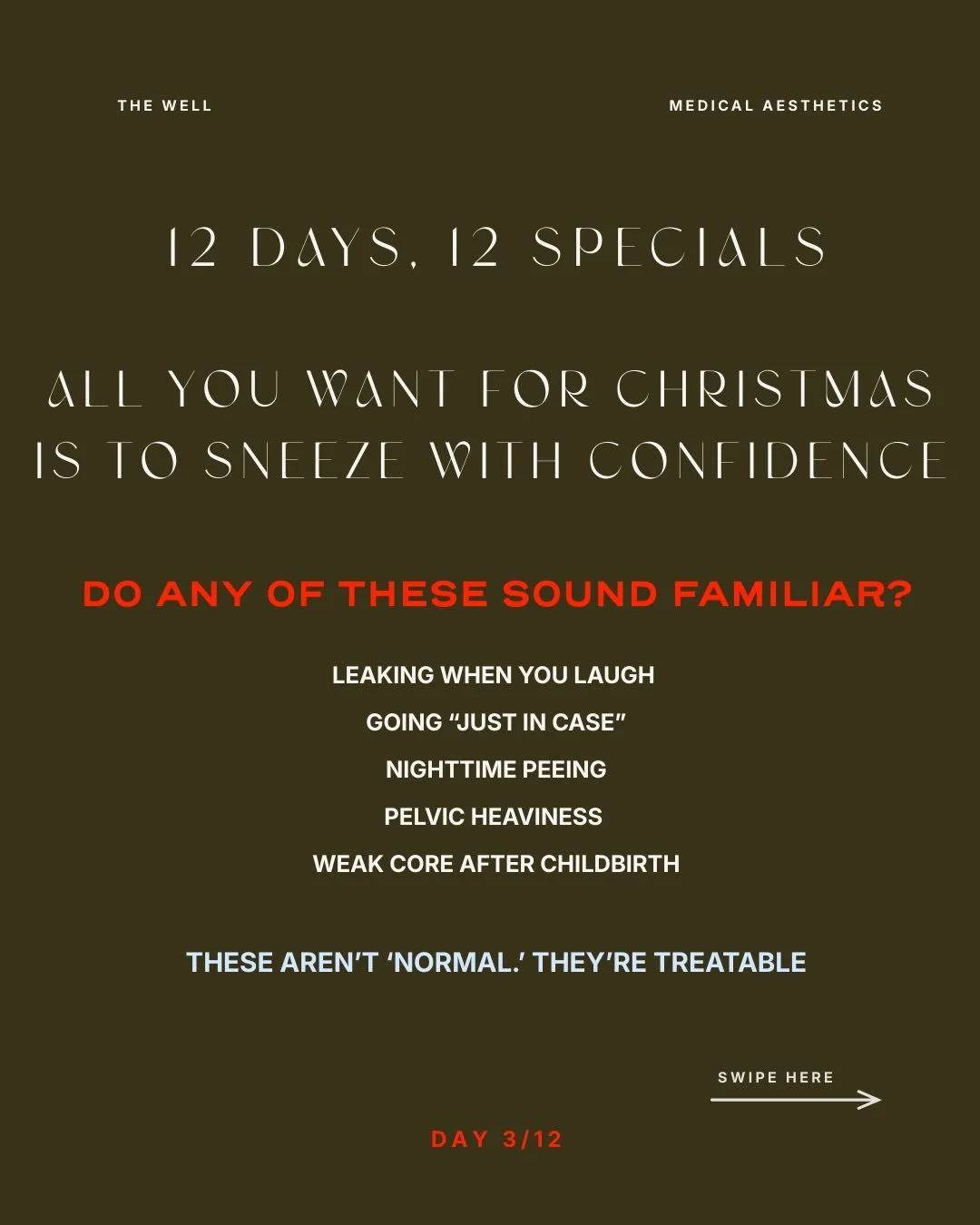 DAY 3 &mdash; 12 DAYS OF CHRISTMAS✨

If you&rsquo;re living around your bladder&hellip; something needs to change.

And the good news? It can change. 

Leaking with laughing, rushing &ldquo;just in case,&rdquo; nighttime peeing, pelvic heaviness, a w