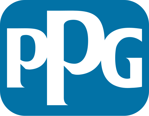 Logo for PPG med store hvide bogstaver 'PPG' på en blå baggrund.