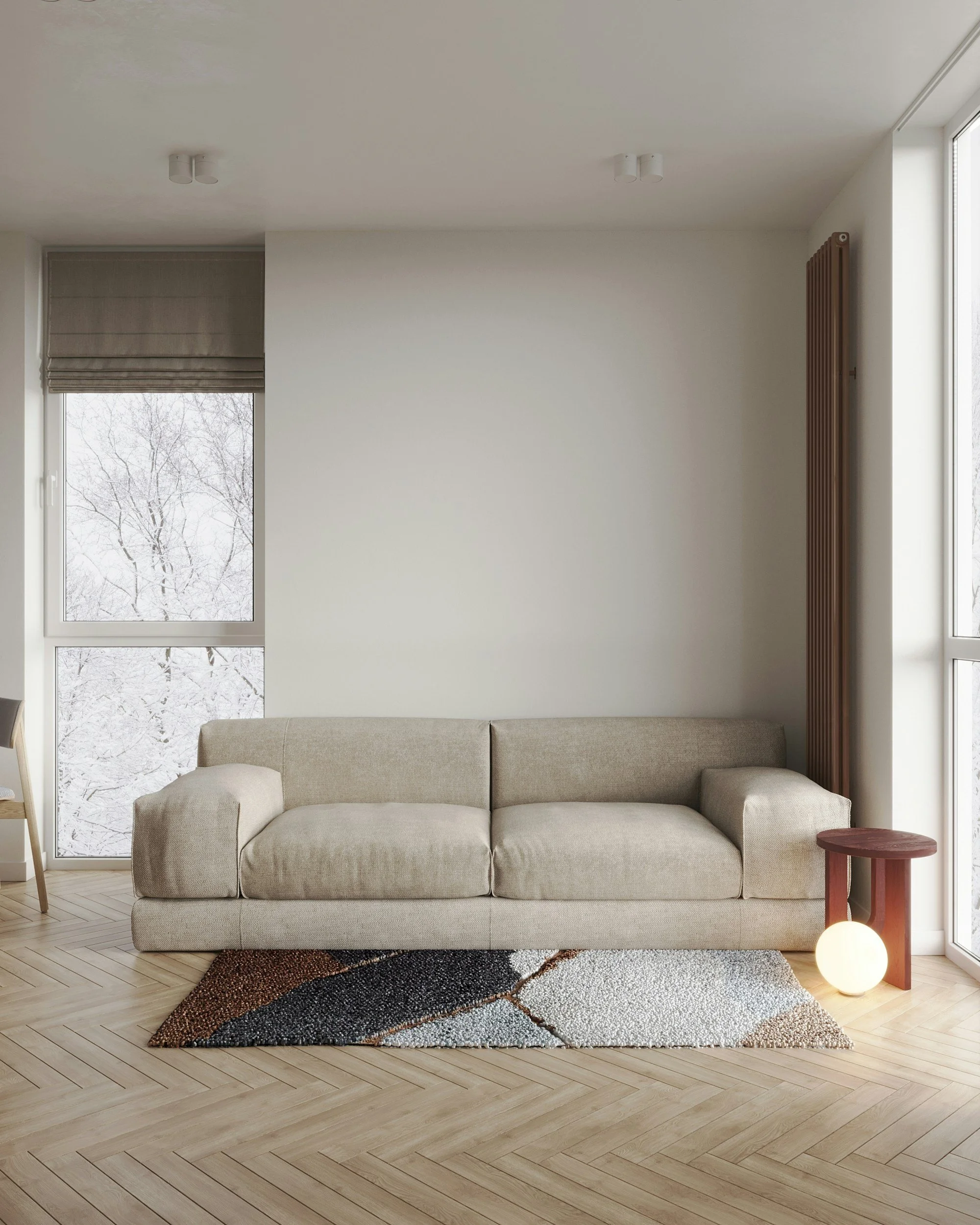 Stue med beige sofa, farverigt tæppe, stort vindue med naturscene, sidebord med lampen, vægvarme i træ, moderigtigt og minimalistisk.