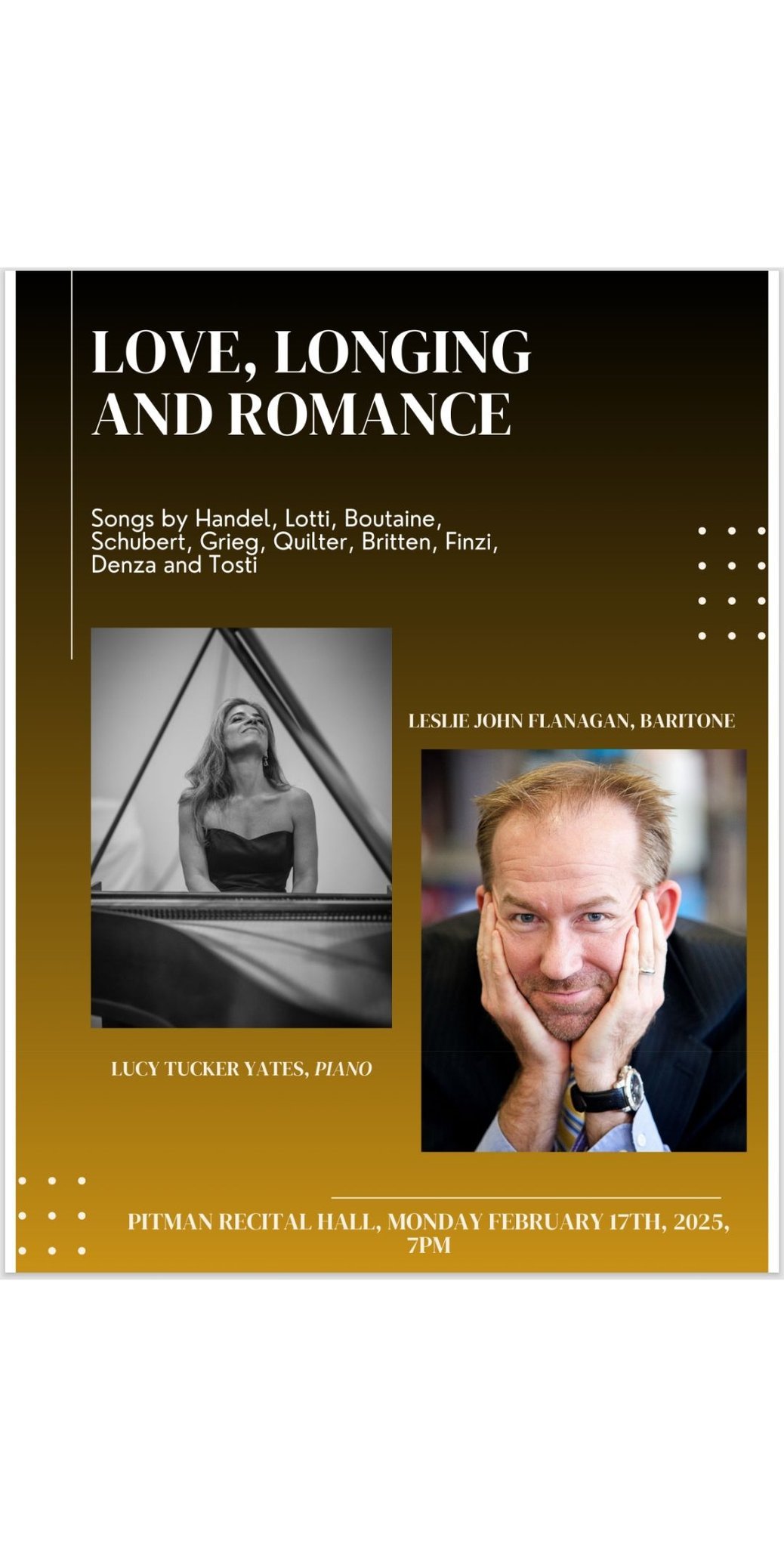 Hi all. This coming Monday at 7pm I'll be performing a recital with long time friend and amazingly talented musician, Lucy Tucker Yates, who is a Met opera coach, music director at Teatro Nuovo and Faculty at UCLA and so much more.  Please come if yo