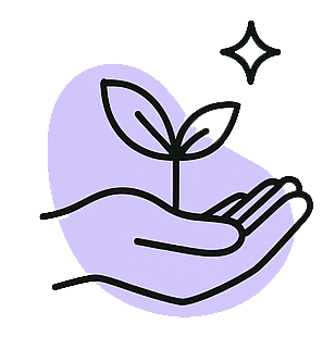 A hand holding soil with a small plant growing, symbolizing growth or environmental care, with a sparkle above.