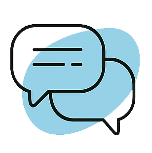 Illustration of two overlapping speech bubbles, one gray and one blue, representing communication or conversation.