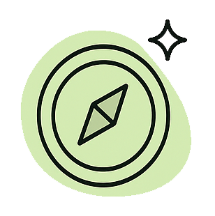 A simple black and white compass icon with a star sparkler nearby on a light green background.