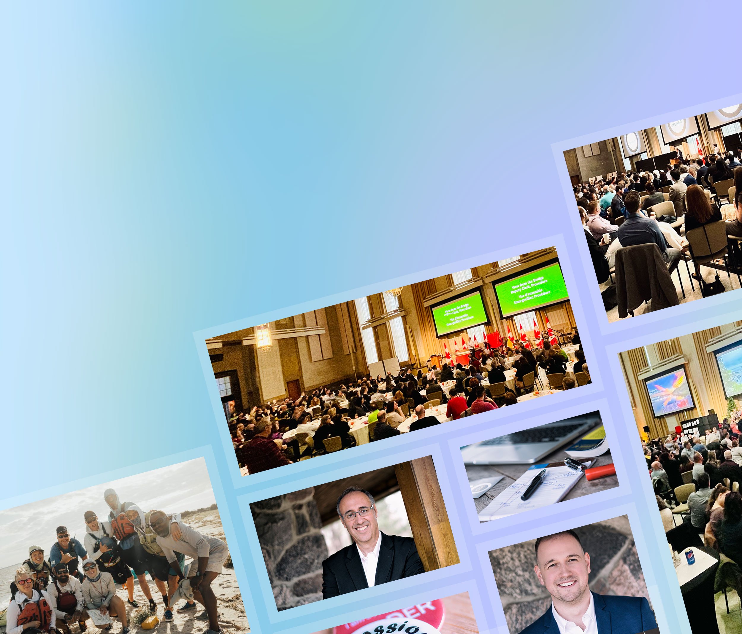 A collage of images including a large conference or event with many attendees, people outdoors on a beach, and close-up portraits of individuals.
